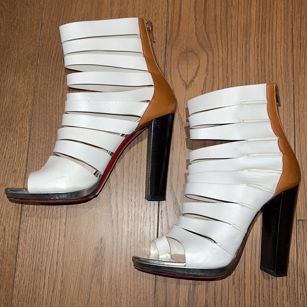 Christian Louboutin Decoupata 120 White Brown Strappy Sandals Heels Booties